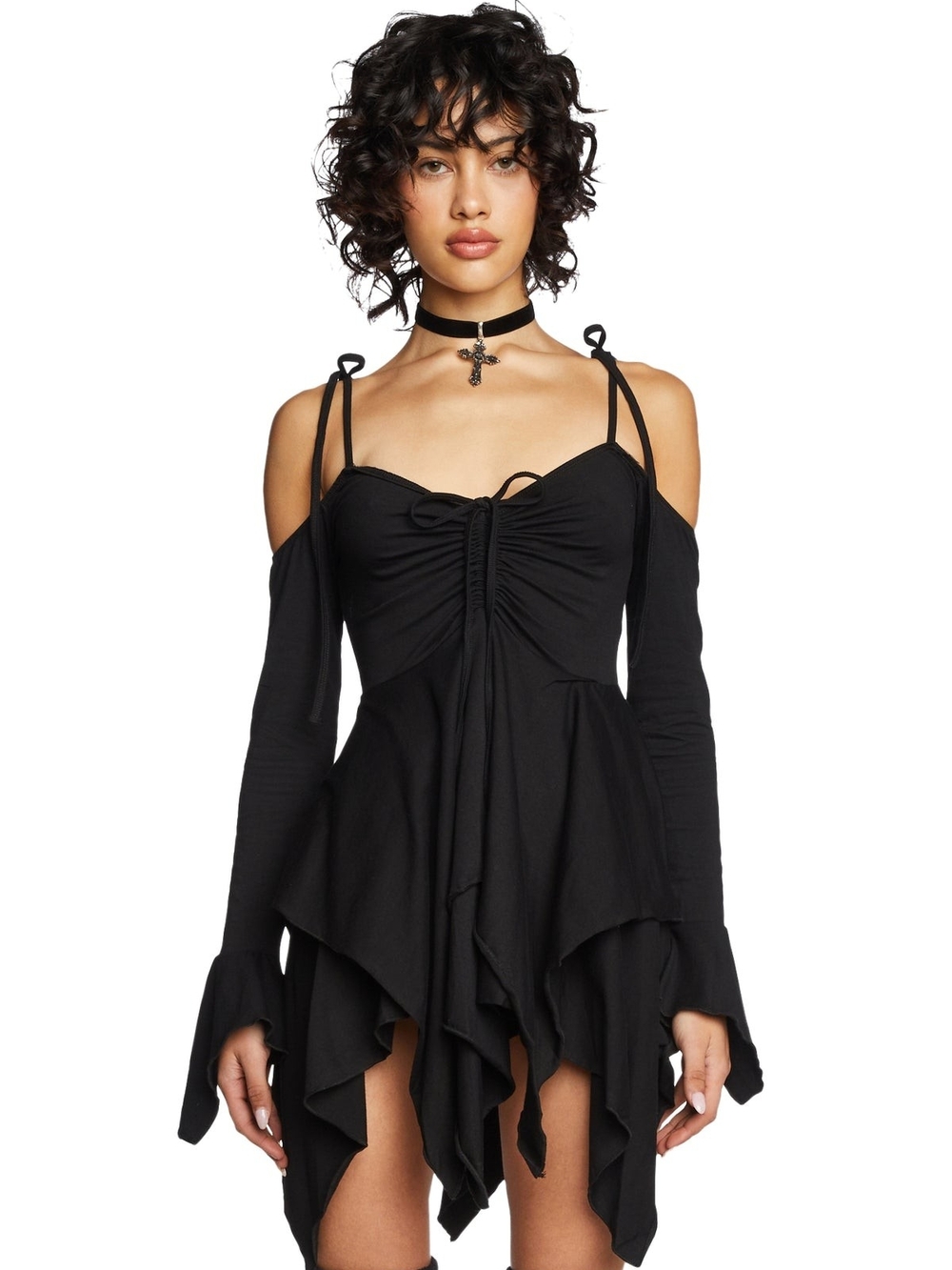 Current Mood Black Cold-Shoulder Handkerchief Hem Dress